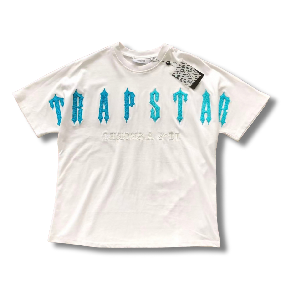 T star shirt big white v blue